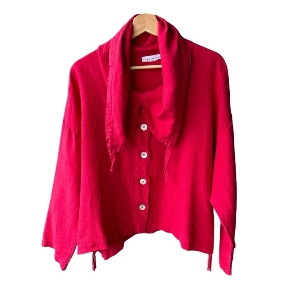 Bryn Walker Jacket Cardigan Top Red Linen Shawl Collar Button Front Lagenlook M